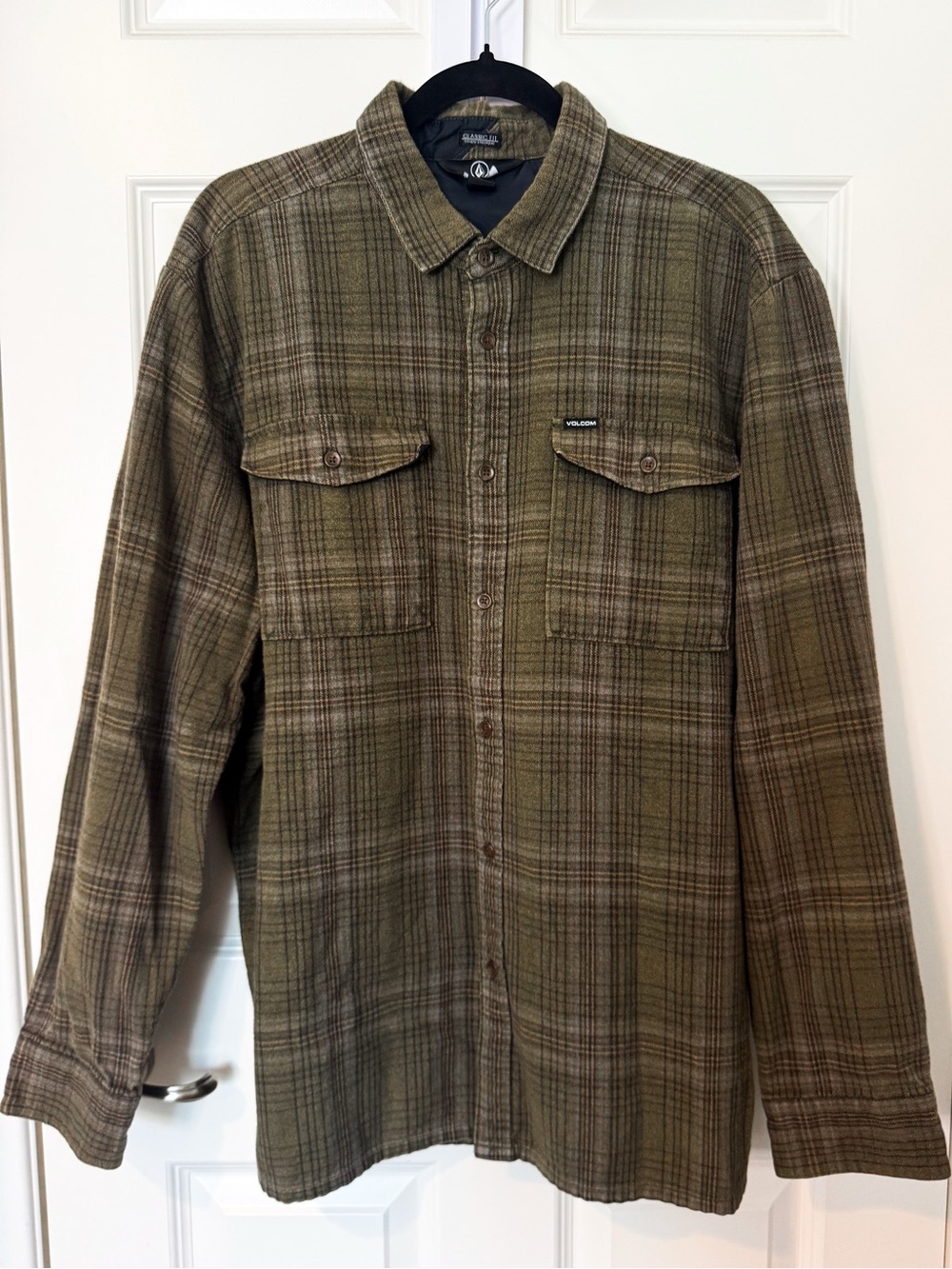 Volcom Men’s XXL Brown Olive Plaid Flannel Shirt Classic Fit Shacket